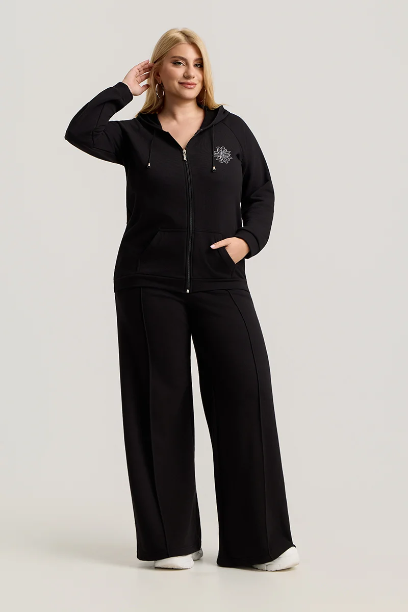 Μαύρο Σετ Φόρμας Φούτερ Plus Size με Στρας & Φερμουάρ