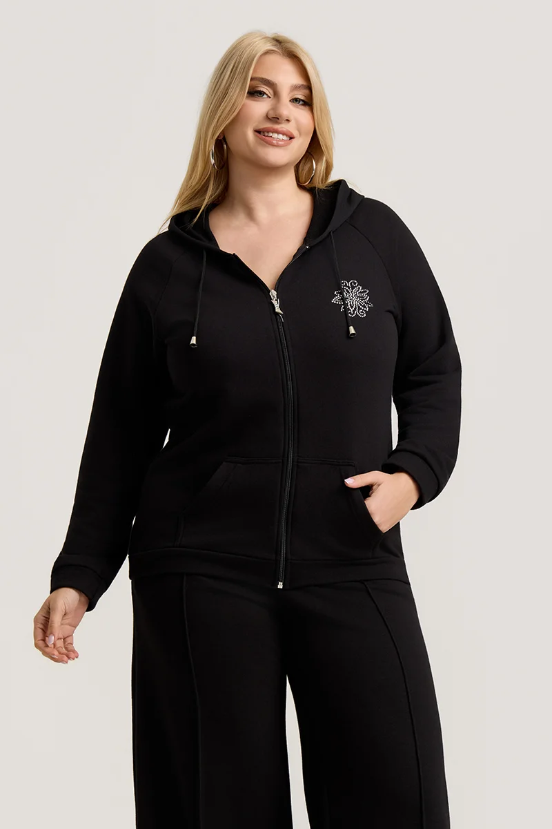 Μαύρο Σετ Φόρμας Φούτερ Plus Size με Στρας & Φερμουάρ