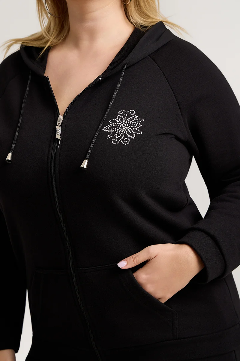 Μαύρο Σετ Φόρμας Φούτερ Plus Size με Στρας & Φερμουάρ