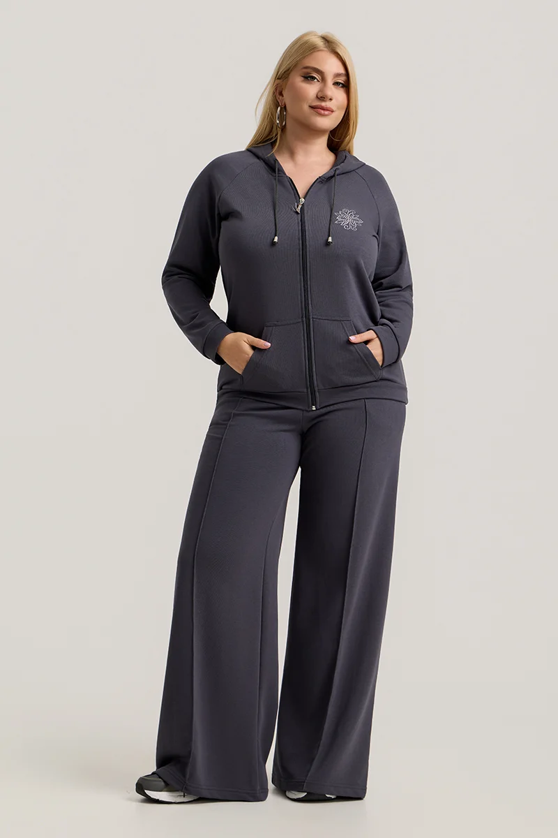 Ανθρακί Σετ Φόρμας Φούτερ Plus Size με Στρας & Φερμουάρ