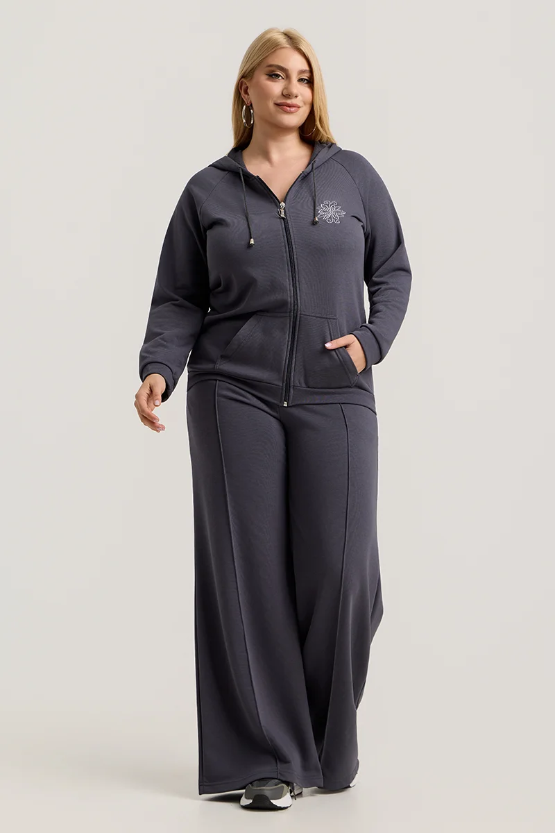 Ανθρακί Σετ Φόρμας Φούτερ Plus Size με Στρας & Φερμουάρ