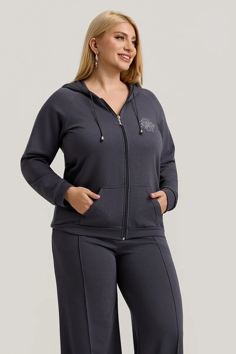 Ανθρακί Σετ Φόρμας Φούτερ Plus Size με Στρας & Φερμουάρ