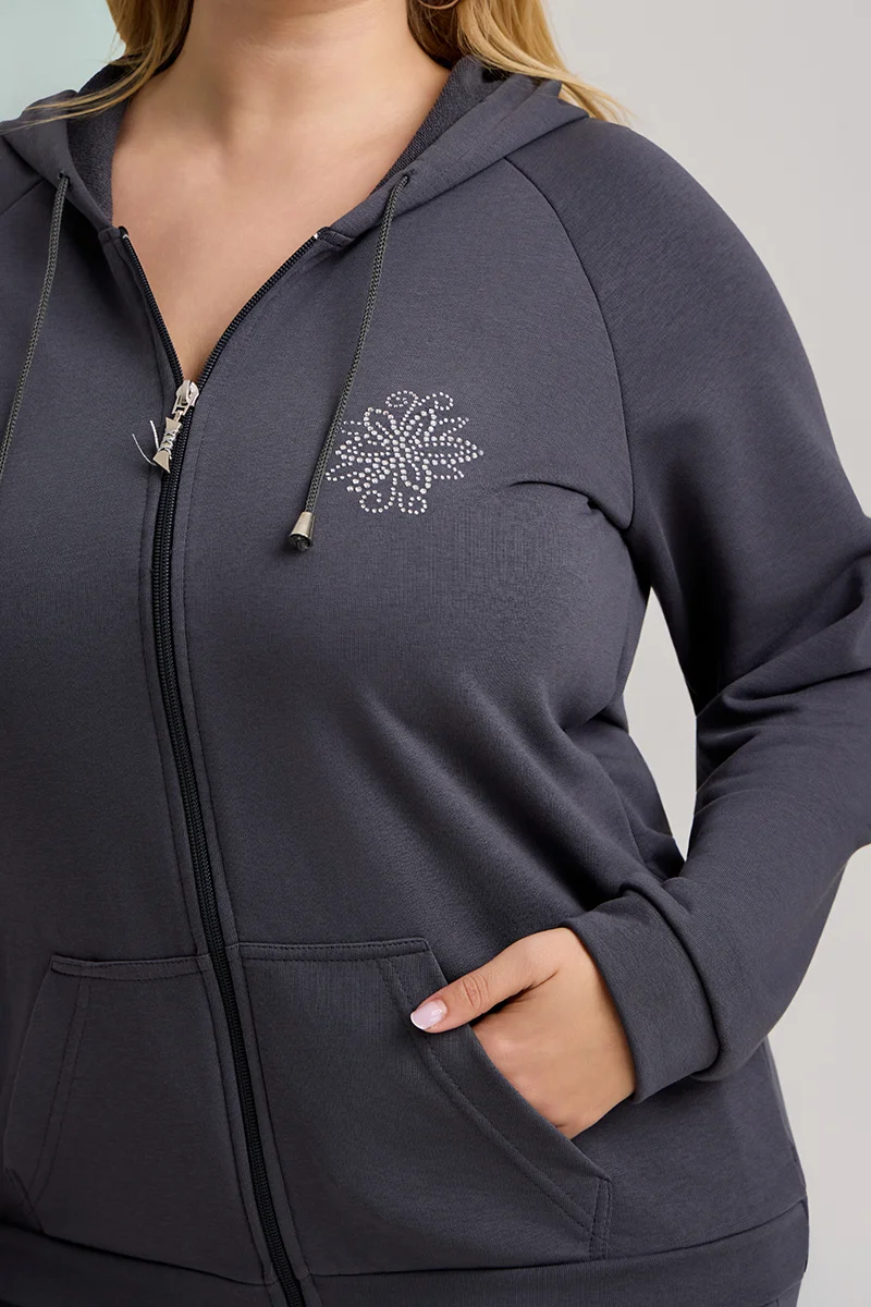 Ανθρακί Σετ Φόρμας Φούτερ Plus Size με Στρας & Φερμουάρ