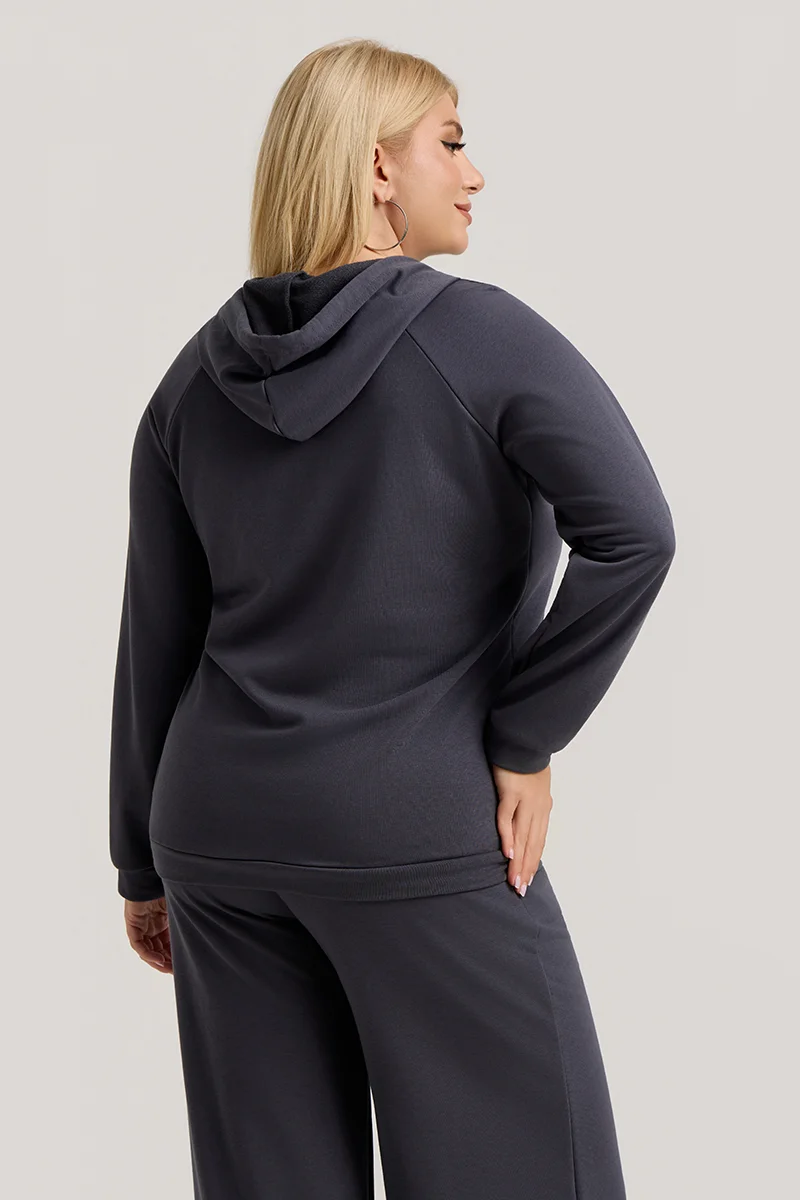 Ανθρακί Σετ Φόρμας Φούτερ Plus Size με Στρας & Φερμουάρ