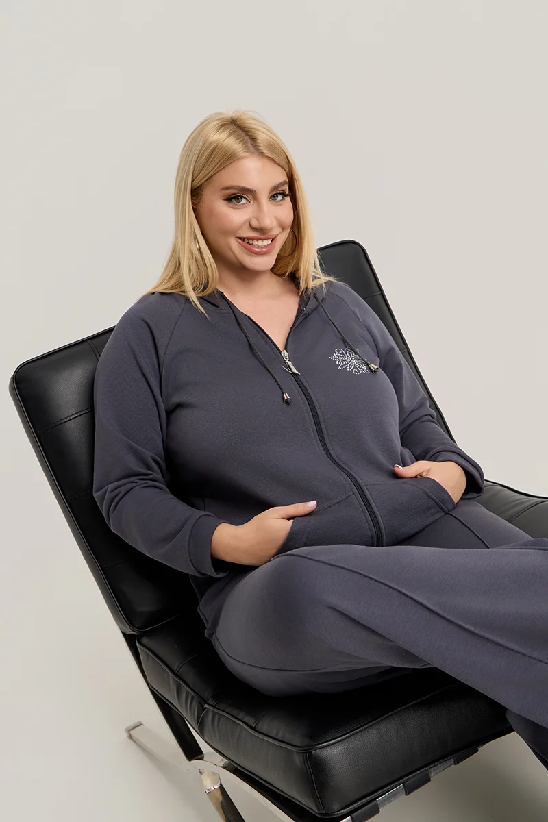 Ανθρακί Σετ Φόρμας Φούτερ Plus Size με Στρας & Φερμουάρ