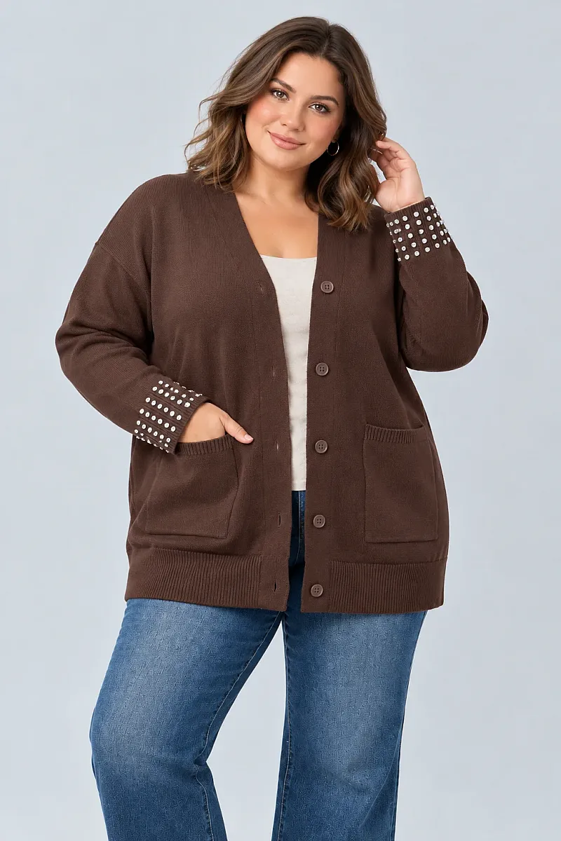 Καφέ Μακριά Πλεκτή Ζακέτα Plus Size με Στρας 
