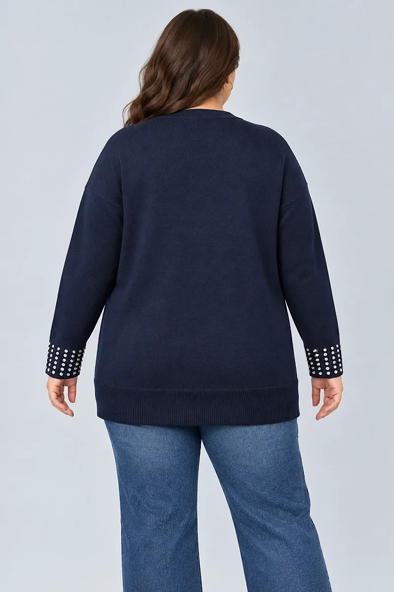 Navy Μακριά Πλεκτή Ζακέτα Plus Size με Στρας 