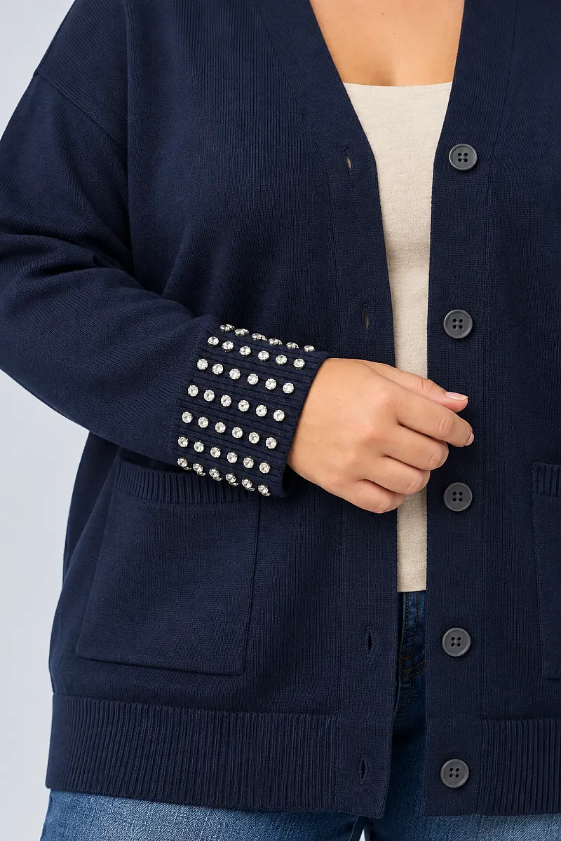 Navy Μακριά Πλεκτή Ζακέτα Plus Size με Στρας 