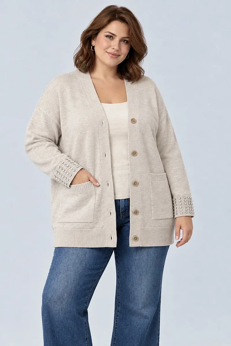 Μπεζ Μακριά Πλεκτή Ζακέτα Plus Size με Στρας 