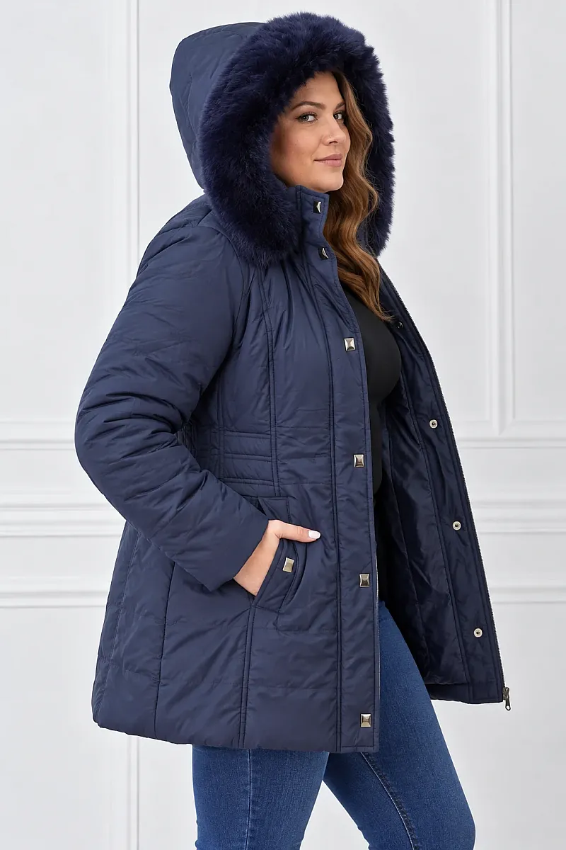 Plus Size Μπλε Navy με Κουκούλα & Γούνα
