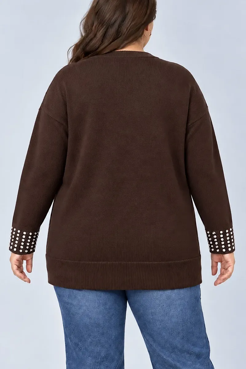 Καφέ Μακριά Πλεκτή Ζακέτα Plus Size με Στρας 