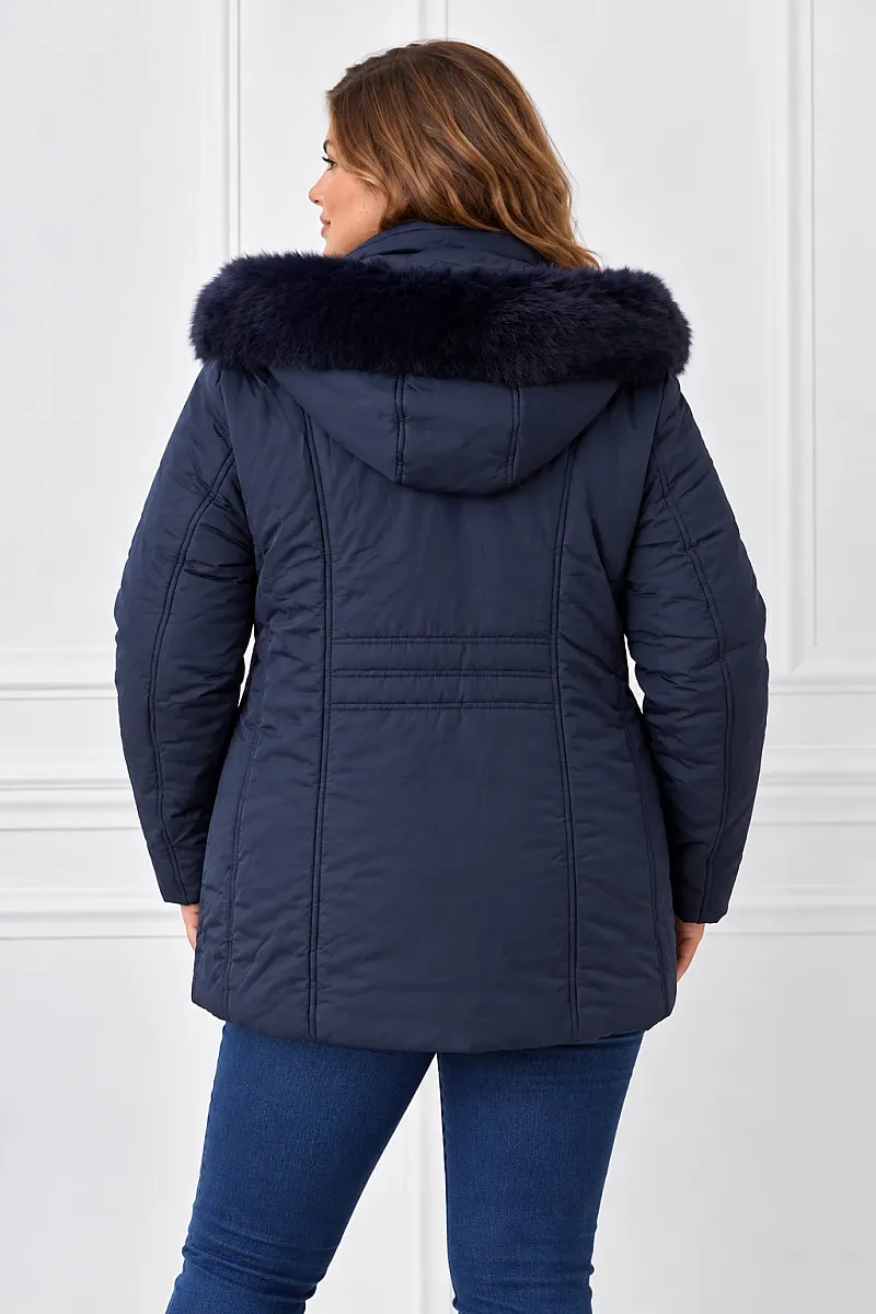 Plus Size Μπλε Navy με Κουκούλα & Γούνα