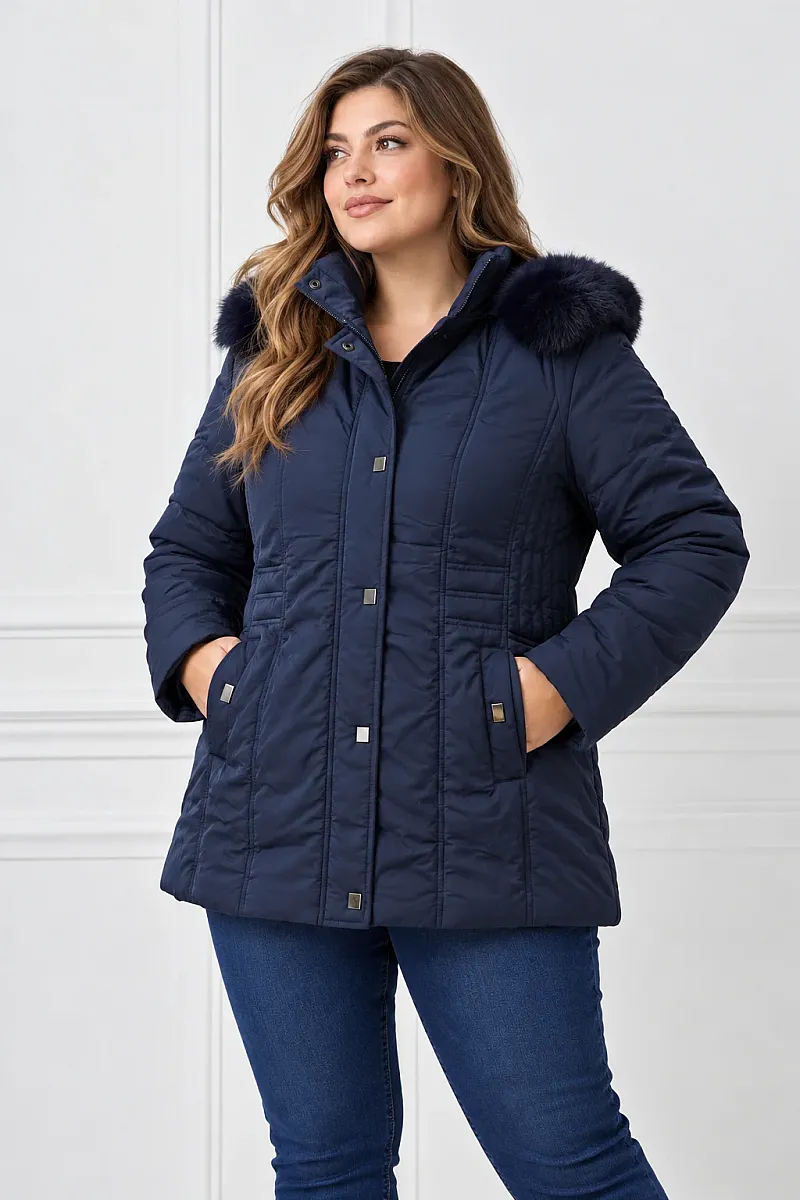 Plus Size Μπλε Navy με Κουκούλα & Γούνα