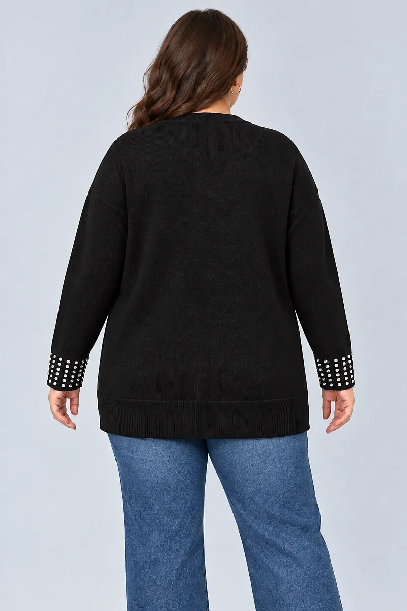 Μαύρη Μακριά Πλεκτή Ζακέτα Plus Size με Στρας 