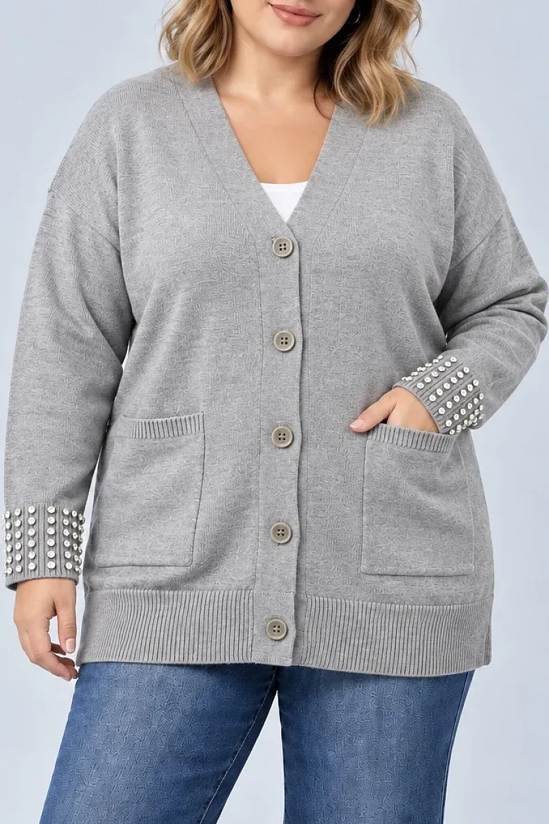 Γκρι Μακριά Πλεκτή Ζακέτα Plus Size με Στρας 