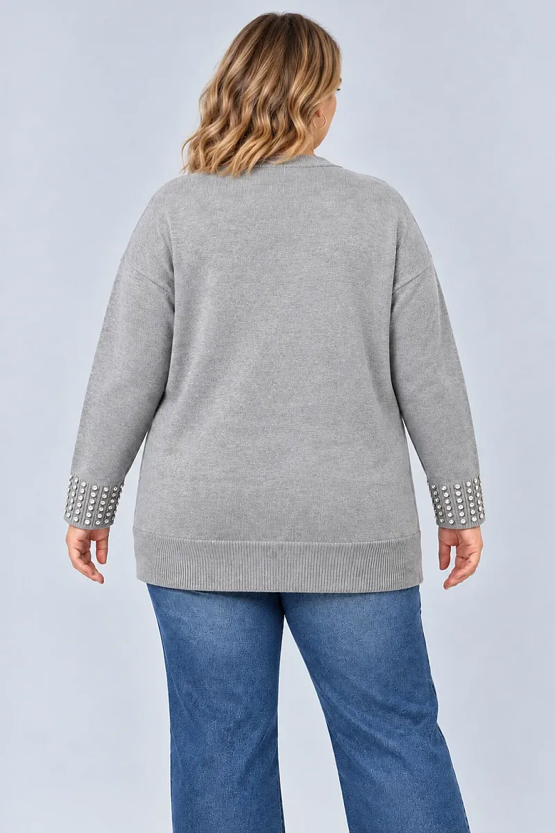 Γκρι Μακριά Πλεκτή Ζακέτα Plus Size με Στρας 