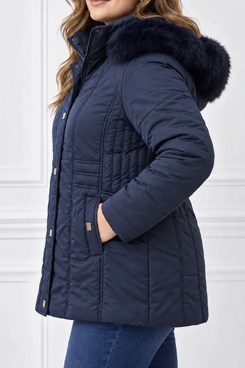Plus Size Μπλε Navy με Κουκούλα & Γούνα