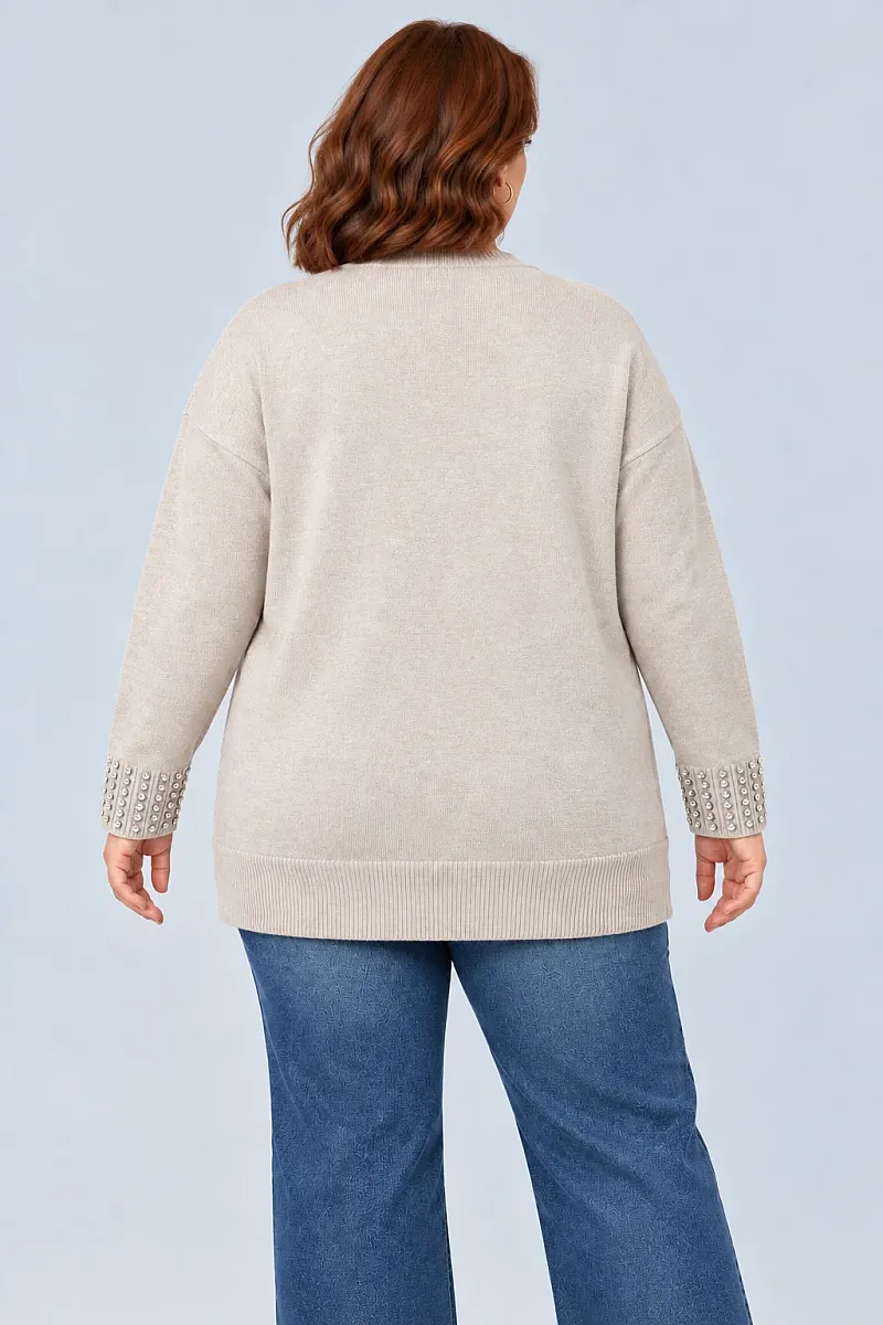 Μπεζ Μακριά Πλεκτή Ζακέτα Plus Size με Στρας 