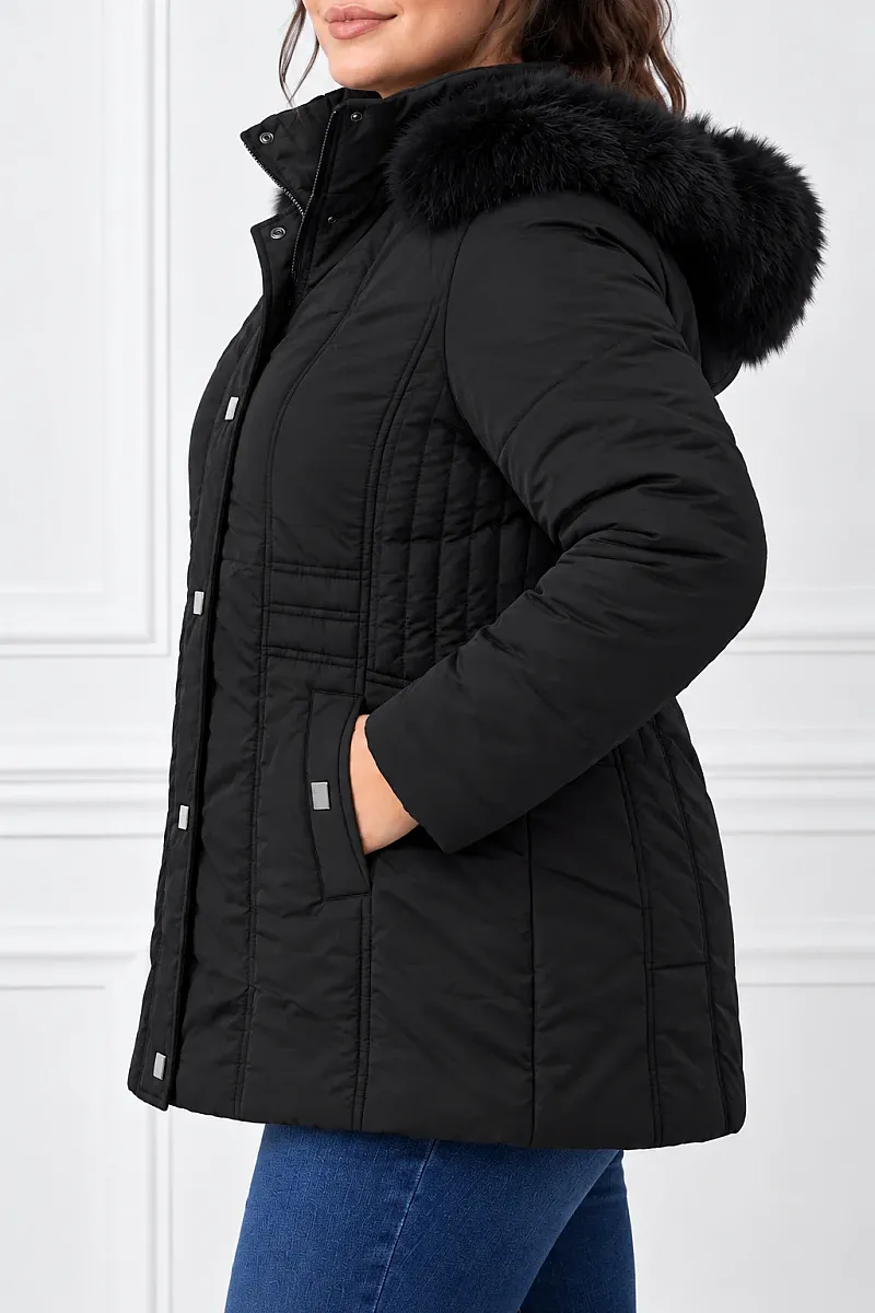 Μαύρο Plus Size Μπουφάν με Κουκούλα & Γούνα