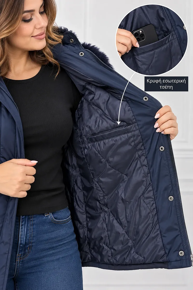Plus Size Μπλε Navy με Κουκούλα & Γούνα