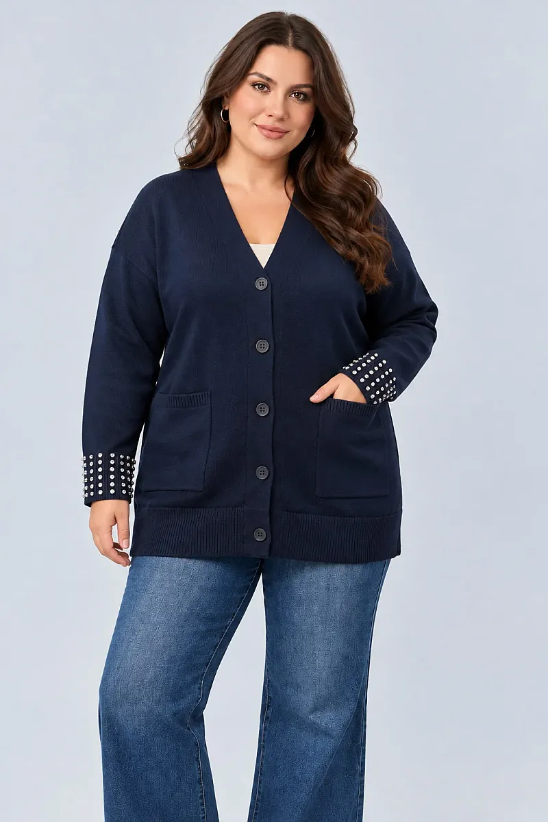 Navy Μακριά Πλεκτή Ζακέτα Plus Size με Στρας 