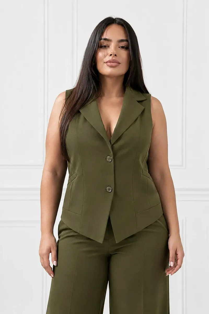 Plus Size Γιλέκο Κοστουμιού Λαδί