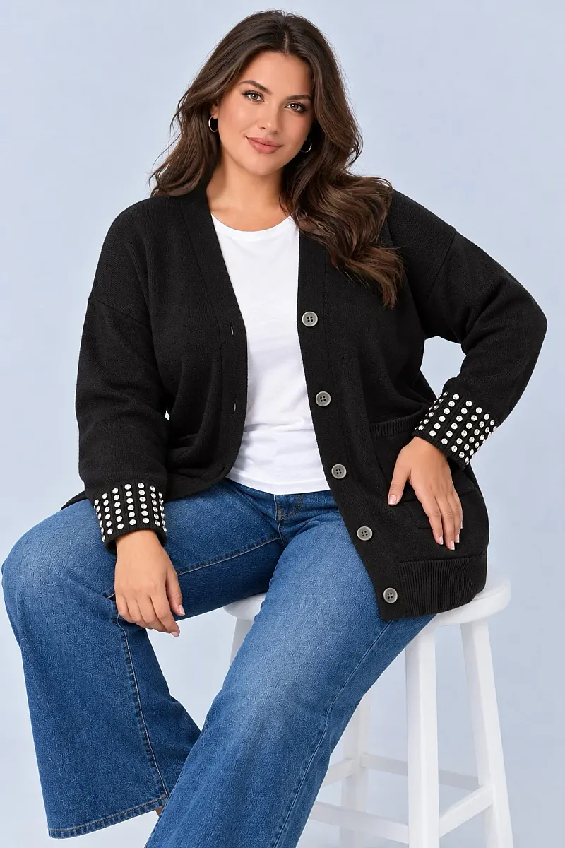 Μαύρη Μακριά Πλεκτή Ζακέτα Plus Size με Στρας 
