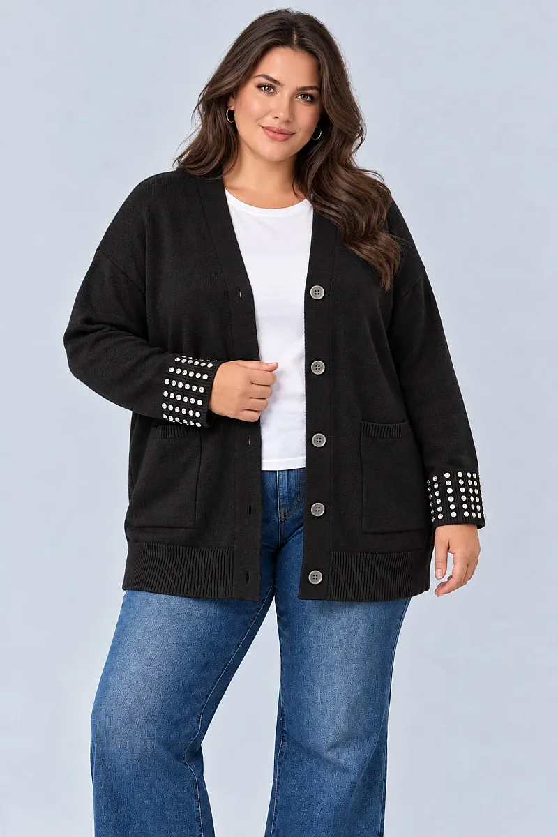 Μαύρη Μακριά Πλεκτή Ζακέτα Plus Size με Στρας 