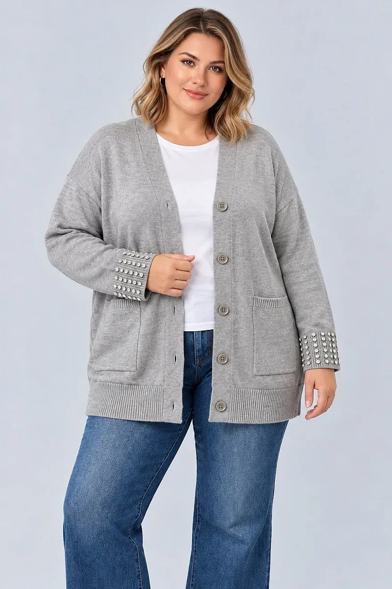 Γκρι Μακριά Πλεκτή Ζακέτα Plus Size με Στρας 