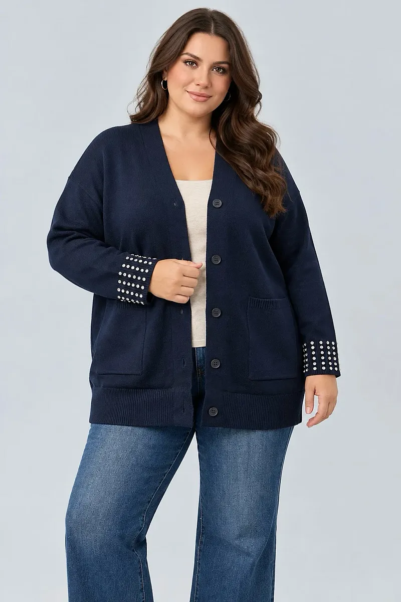 Navy Μακριά Πλεκτή Ζακέτα Plus Size με Στρας 