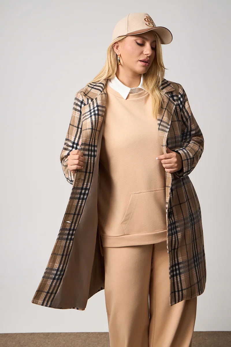 Καρό Παλτό Με Φόδρα Μπεζ