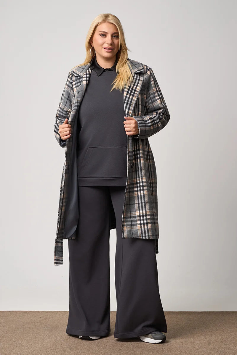 Καρό Παλτό Με Φόδρα Γκρι