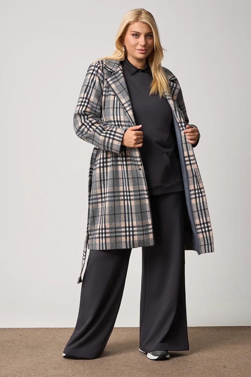 Καρό Παλτό Με Φόδρα Γκρι