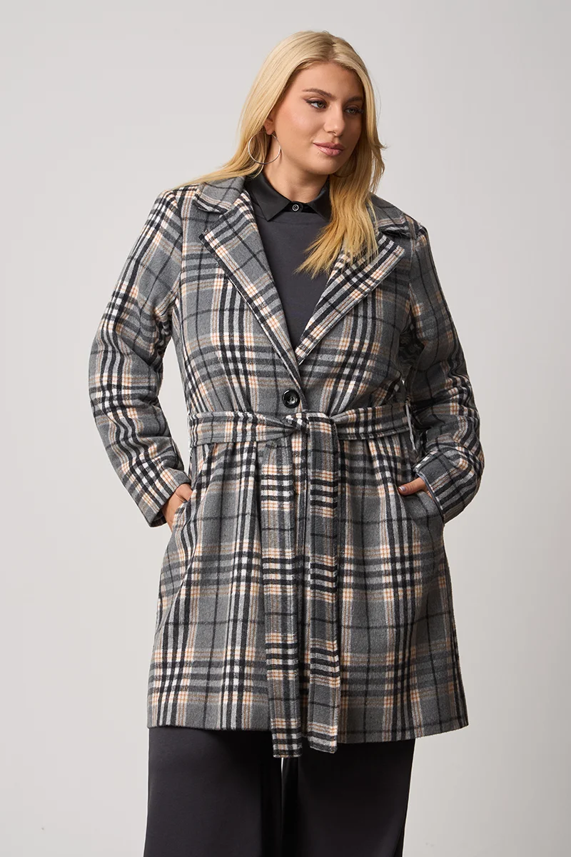 Καρό Παλτό Με Φόδρα Γκρι