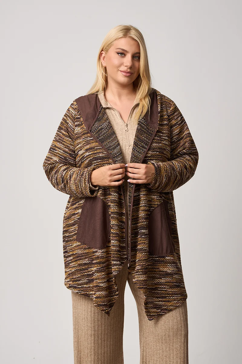 Πλεκτή Ζακέτα με Κουκούλα και Τσέπες Αλκαντάρα