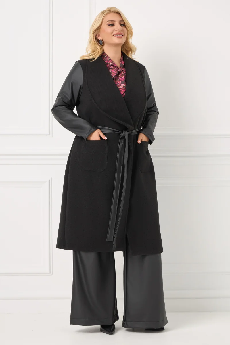 Μαύρο Παλτό με Δερματίνη στα Μανίκια & Ζώνη