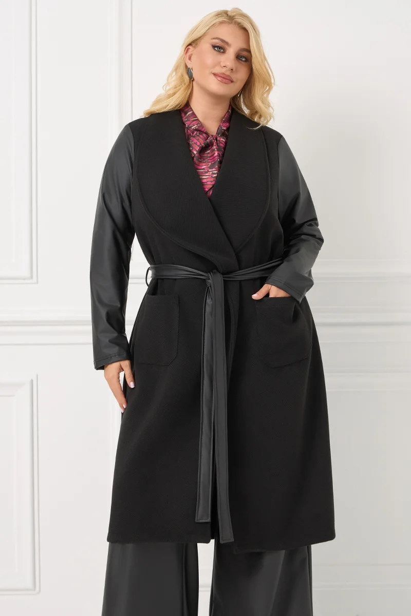 Μαύρο Παλτό με Δερματίνη στα Μανίκια & Ζώνη