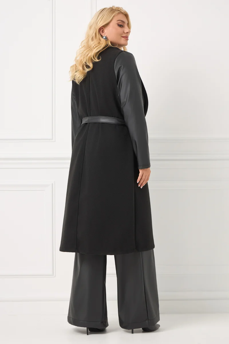 Μαύρο Παλτό με Δερματίνη στα Μανίκια & Ζώνη