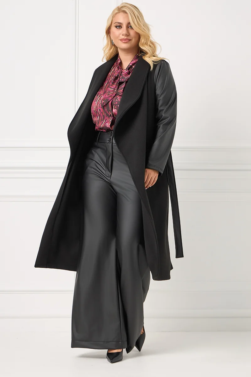 Μαύρο Παλτό με Δερματίνη στα Μανίκια & Ζώνη