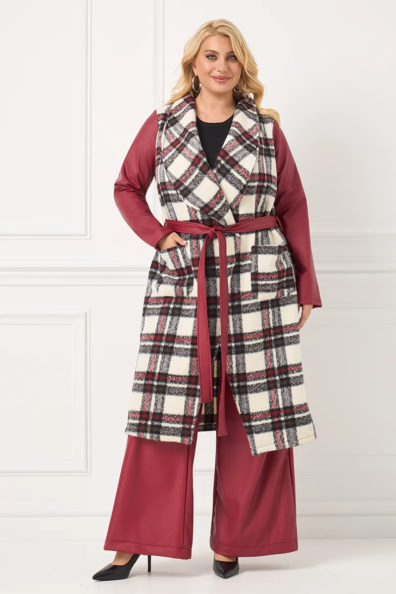 Καρό Παλτό με Δερματίνη στα Μανίκια & Ζώνη