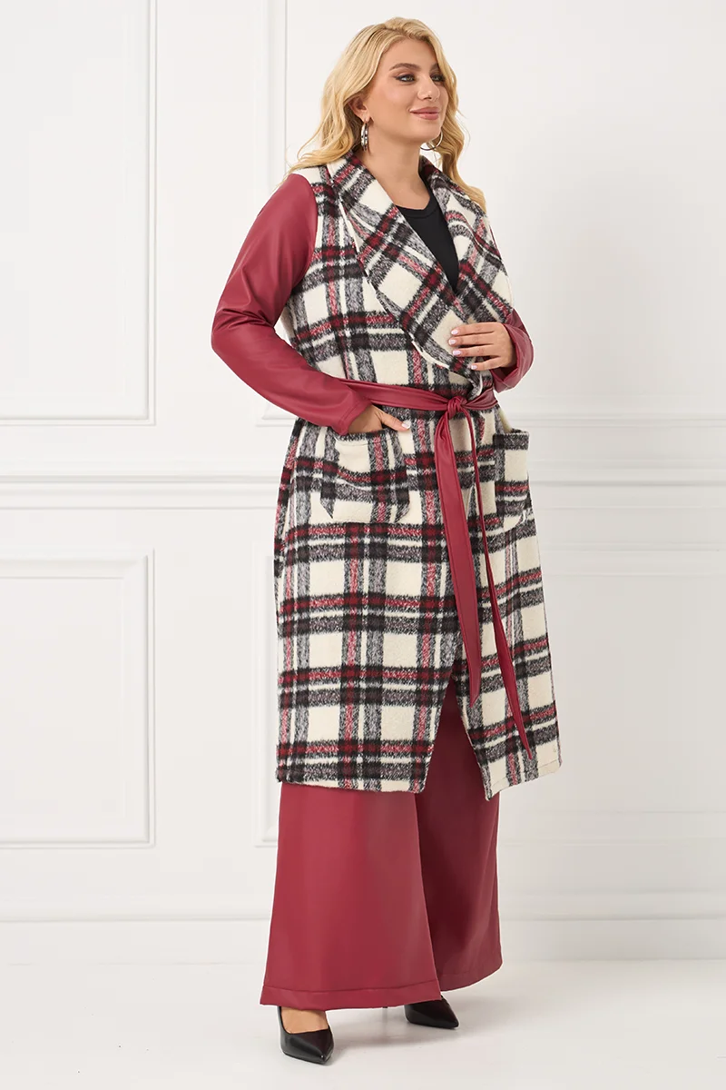 Καρό Παλτό με Δερματίνη στα Μανίκια & Ζώνη