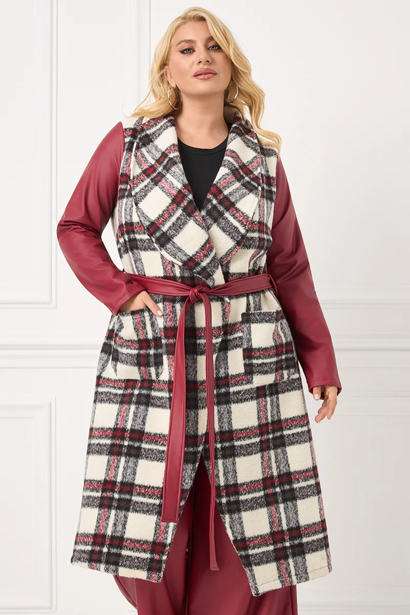 Καρό Παλτό με Δερματίνη στα Μανίκια & Ζώνη