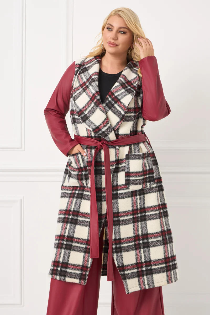 Καρό Παλτό με Δερματίνη στα Μανίκια & Ζώνη
