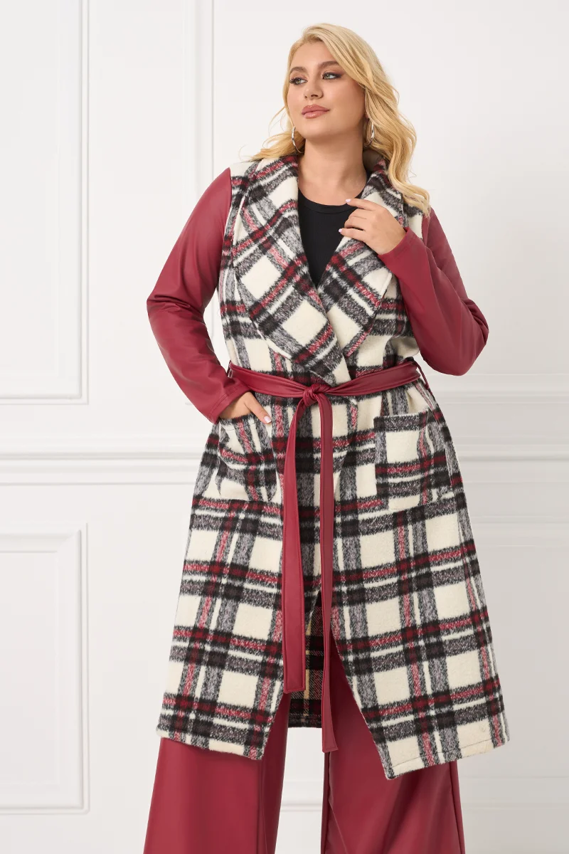 Καρό Παλτό με Δερματίνη στα Μανίκια & Ζώνη