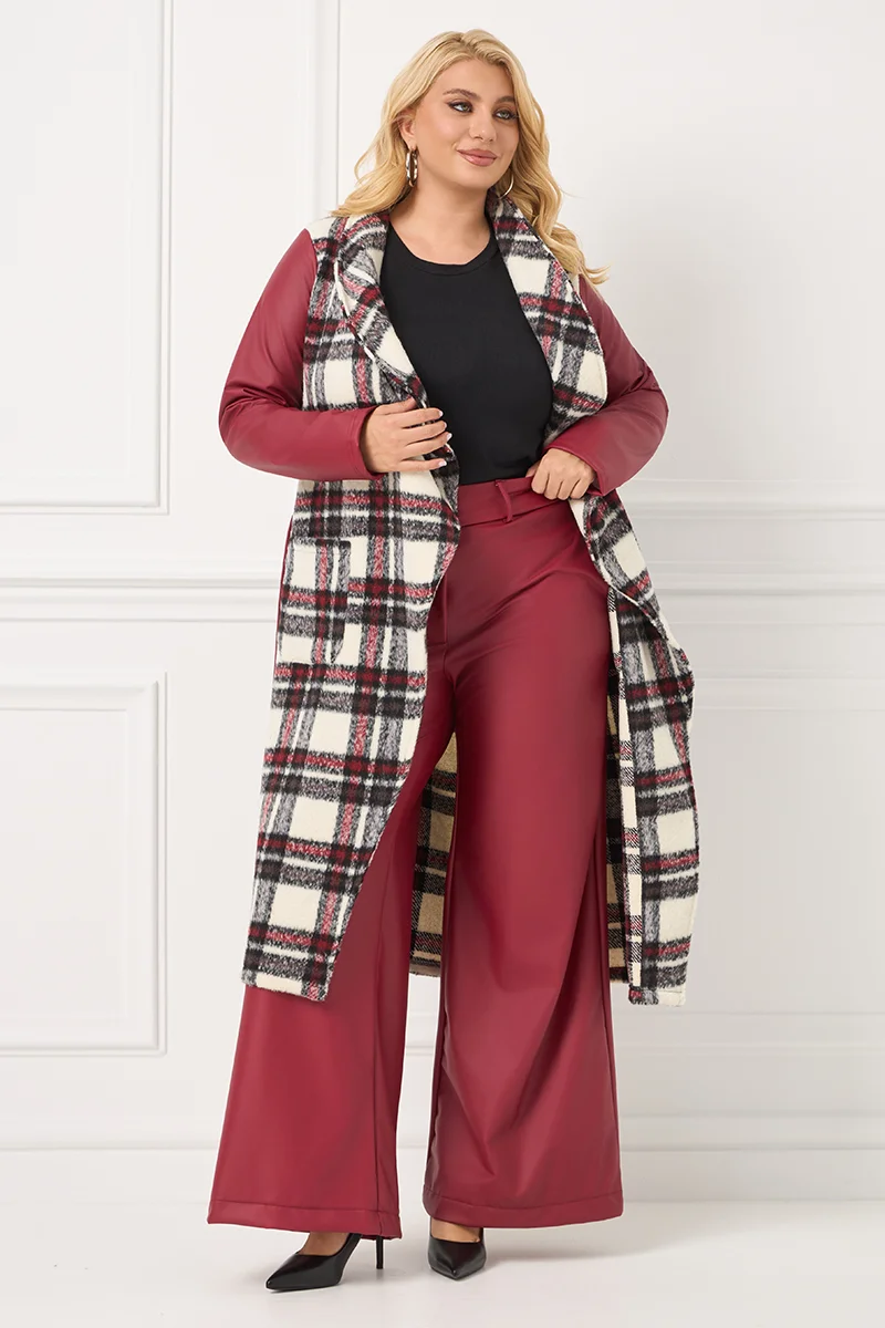 Καρό Παλτό με Δερματίνη στα Μανίκια & Ζώνη