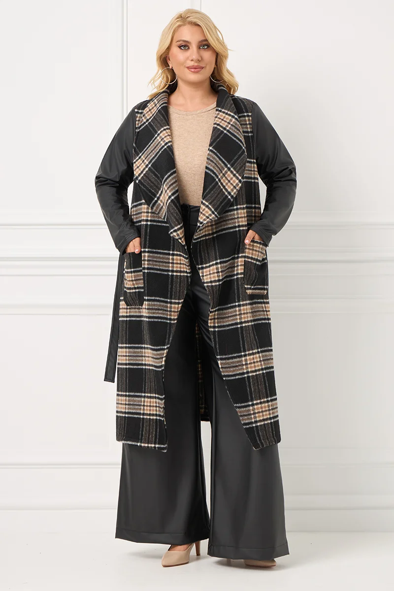 Παλτό Καρό Με Δερματίνη στα Μανίκια & Ζώνη 