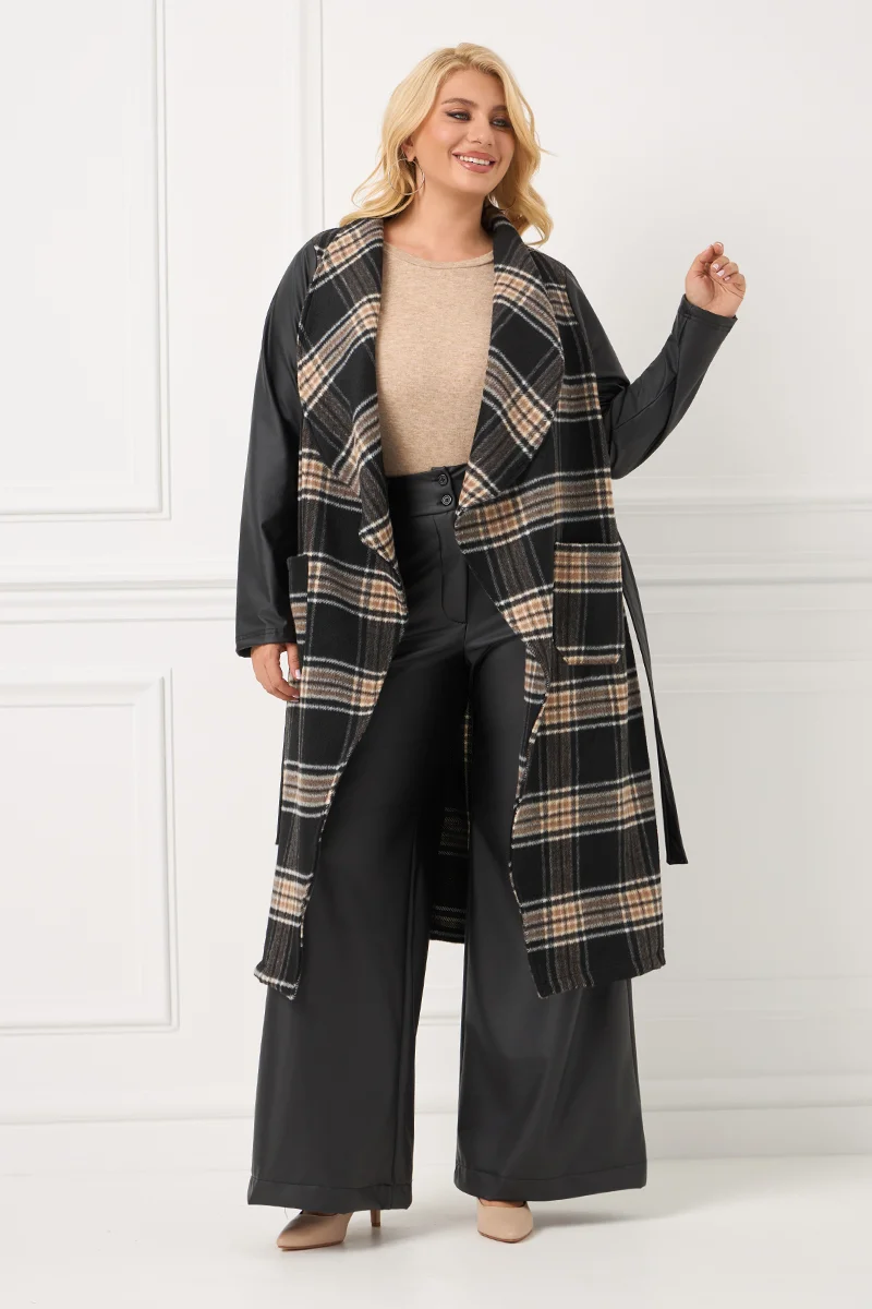 Παλτό Καρό Με Δερματίνη στα Μανίκια & Ζώνη 