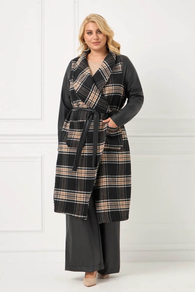 Παλτό Καρό Με Δερματίνη στα Μανίκια & Ζώνη 