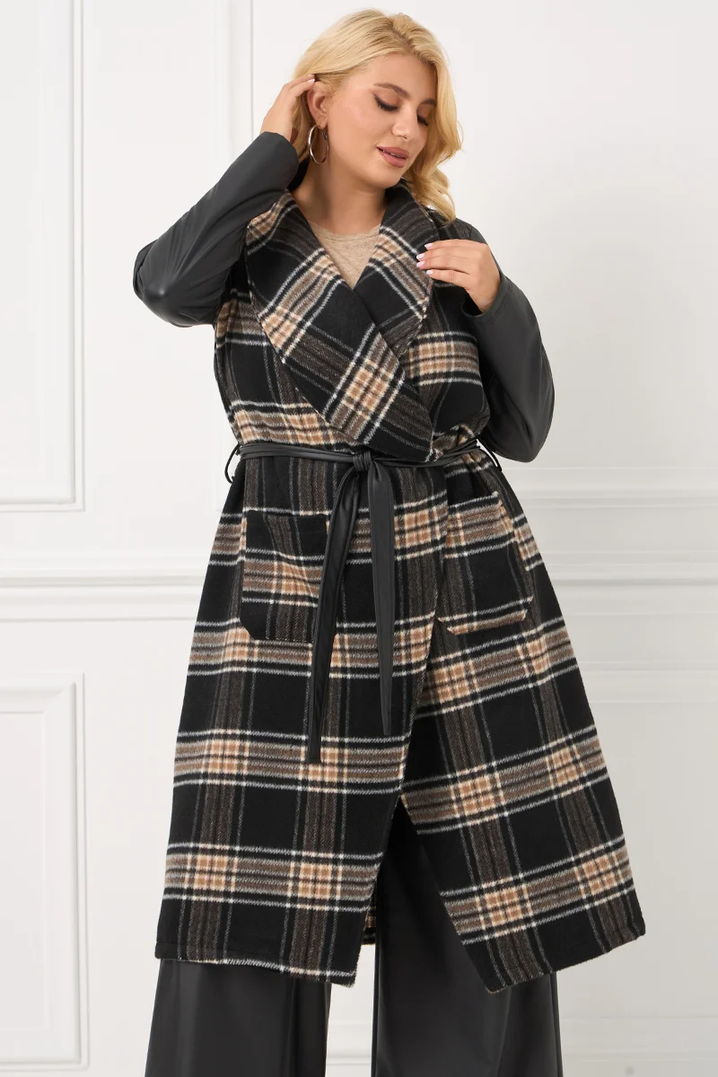 Παλτό Καρό Με Δερματίνη στα Μανίκια & Ζώνη 