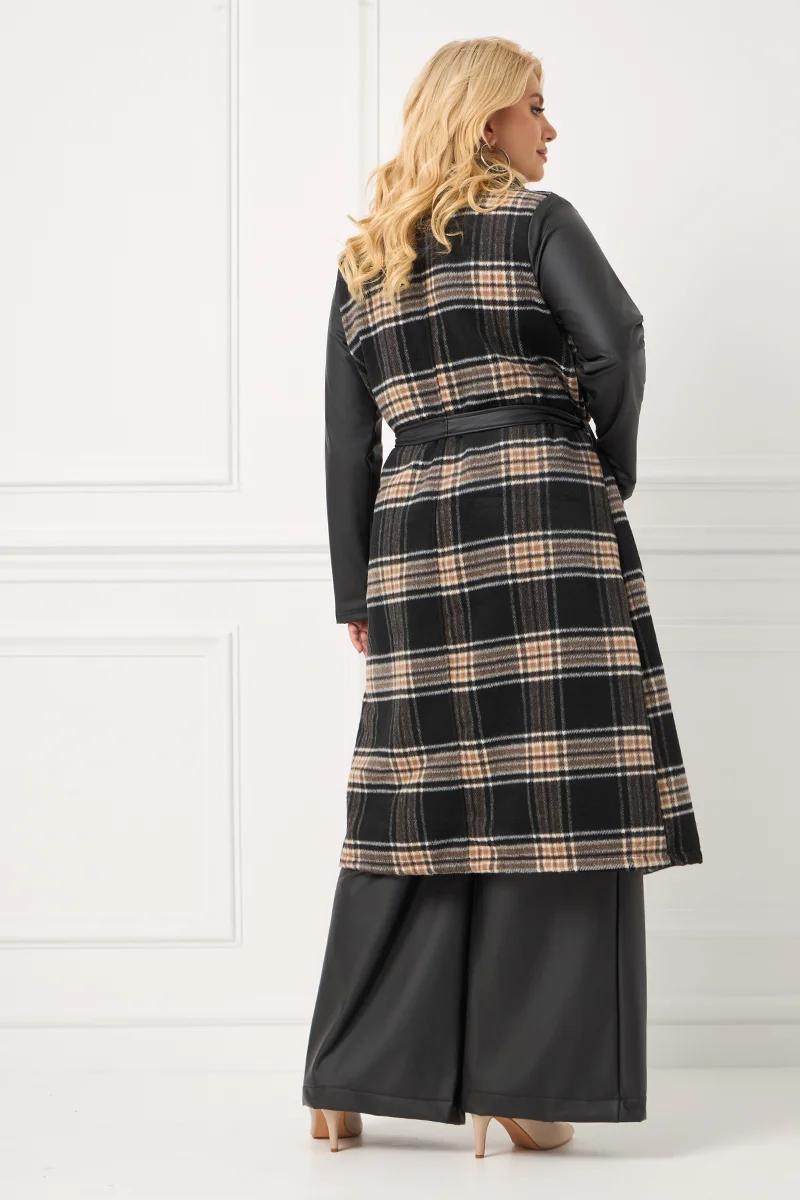 Παλτό Καρό Με Δερματίνη στα Μανίκια & Ζώνη 